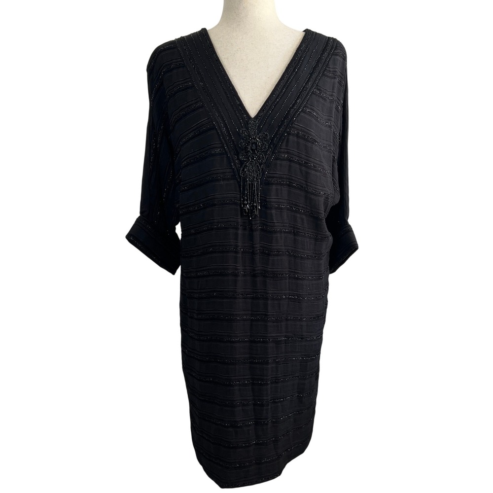Theia Womens 6 Black Silk Lined Beaded Art Deco Cocktail Dress Tassel Evening